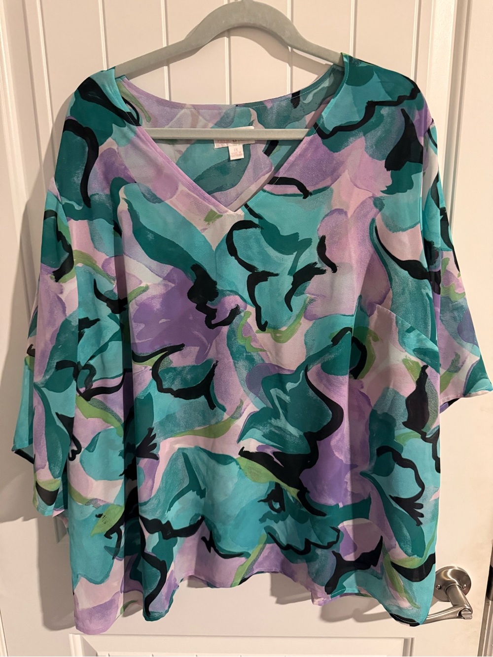 Belle by Kim Gravel Abstract Floral V-Neck Blouse — 2X